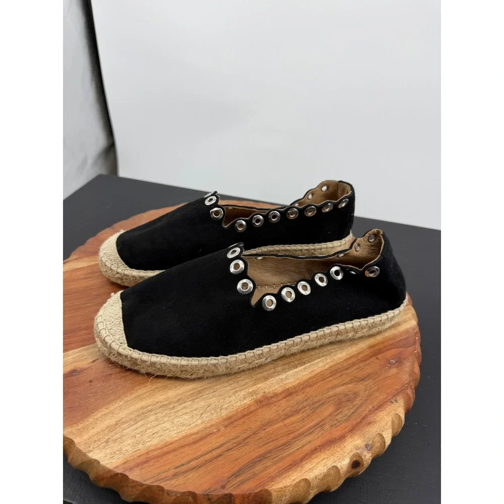 La Scarpa Paris Grommet Espadrille Flat Women 38 Black Suede Scalloped Edge